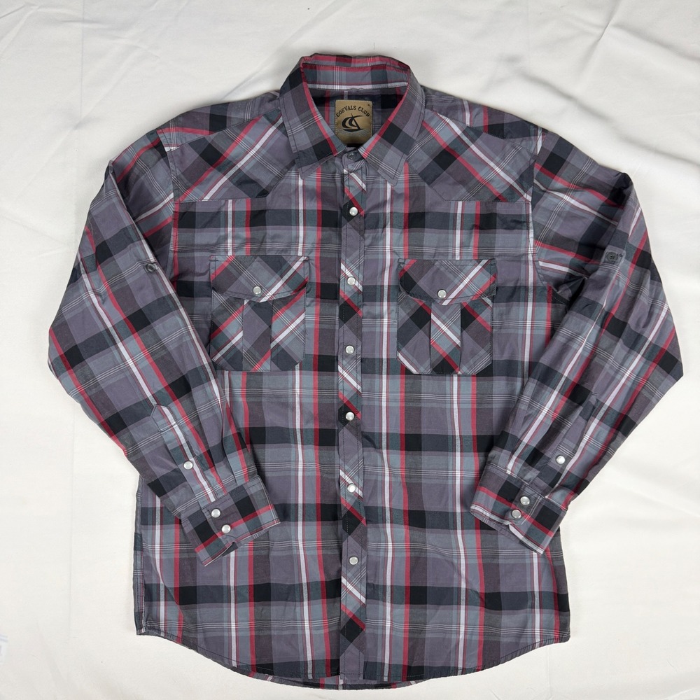 Coevals Club Mens Western Shirt Grey Red Black Plaid Snap Button Long Sleeve L